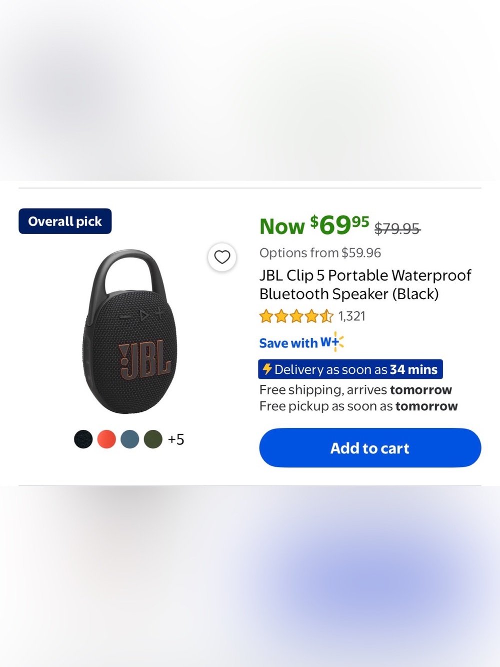 JBL Clip 5 Portable Bluetooth Waterproof Speaker in Black